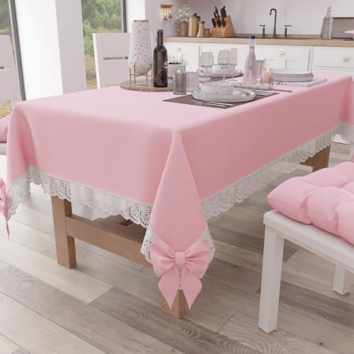 PETTI Artigiani Italiani Tovaglia Rettangolare Elegante in Cotone con Pizzi e Fiocchi per 6 Persone (140x180 cm) Rosa
