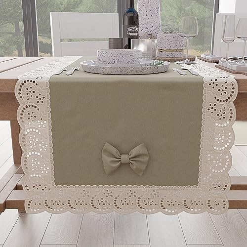 PETTI Artigiani Italiani Runner Tavola Elegante Cotone con Pizzo Sangallo e Fiocchi 40x140 cm Sabbia