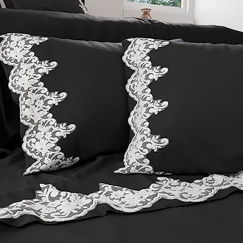 Petti Artigiani Italiani Lenzuola Matrimoniali Merletto Cotone Percalle, Pizzo Nero 100% Made in Italy